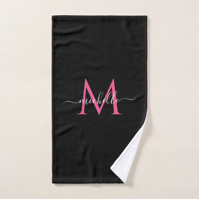 Handwritten Script Name Black and Pink Monogram Hand Towel (Hand Towel)