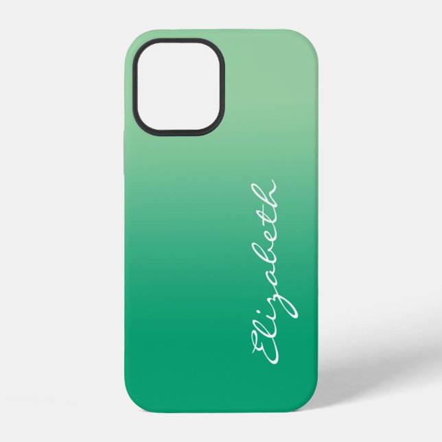 Handwritten Script Name Light Dark Green Gradient iPhone Case (Back)