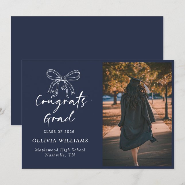 Handwritten Script Navy Blue Graduation Announcement (Front/Back)