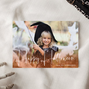 Handwritten Script Orange Happy Halloween Photo Holiday Card