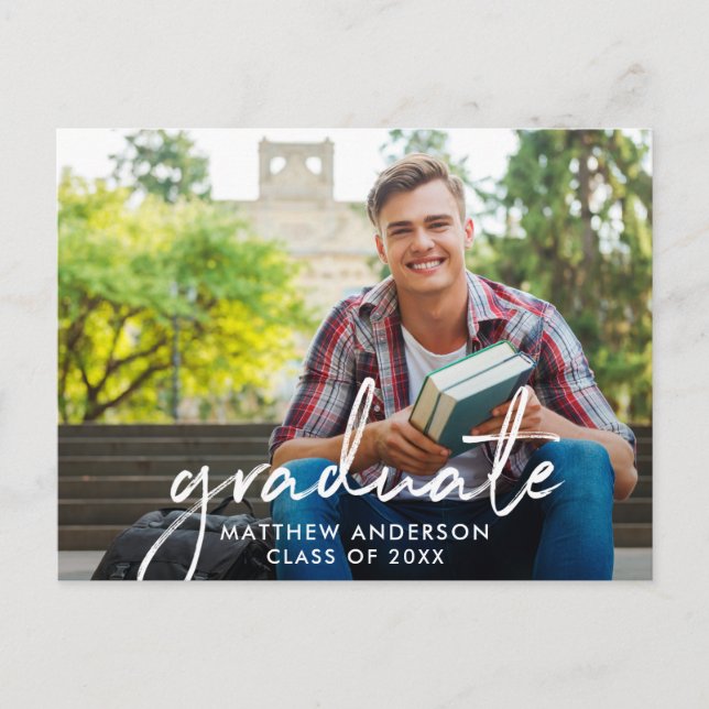 Handwritten Script Photo Graduation Party Postcard (Front)