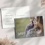 Handwritten Script | Photo Save the Date Announcement Postcard<br><div class="desc">A modern save the date postcard designed to accommodate your favourite horizontal or landscape orientated full-bleed engagement photo. "Save the date" appears near the bottom of your photo in white handwritten style script lettering, with your names, wedding date and wedding location beneath. Postcards reverse to show additional save the date...</div>