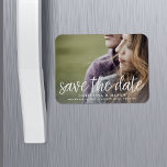 Handwritten Script | Photo Save the Date Magnet<br><div class="desc">A modern magnetic save the date designed to accommodate your favourite horizontal or landscape orientated full-bleed engagement photo. "Save the date" appears as an overlay along the bottom in white handwritten style script lettering,  with your names,  wedding date and wedding location beneath.</div>