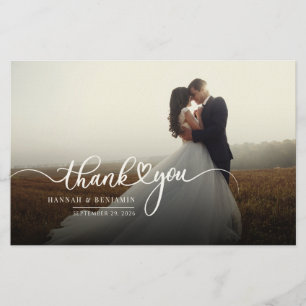 Handwritten Script Photo Wedding Thank You Stationery