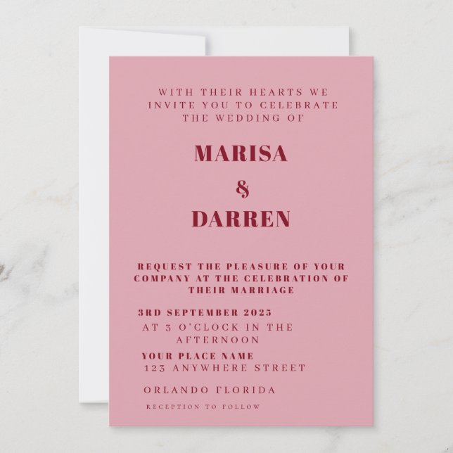 Handwritten Script Pink & Red Custom Wedding Invitation (Front)