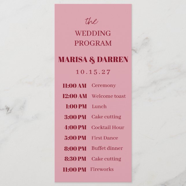 Handwritten Script Pink & Red Custom Wedding  Program (Front)