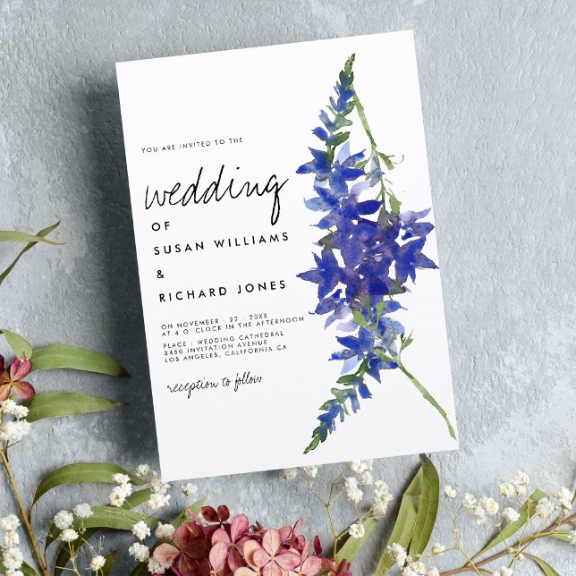 Handwritten script purple blue floral wedding  invitation (Handwritten script purple blue floral wedding )