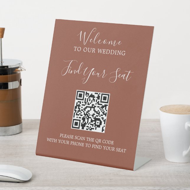 Handwritten script QR code wedding seating Pedestal Sign (In SItu)