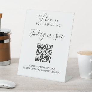 Handwritten script QR code wedding seating Pedestal Sign
