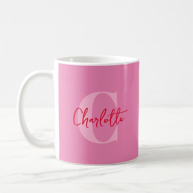Handwritten Script Quirky Whimsy Monogrammed Pink Coffee Mug (Left)