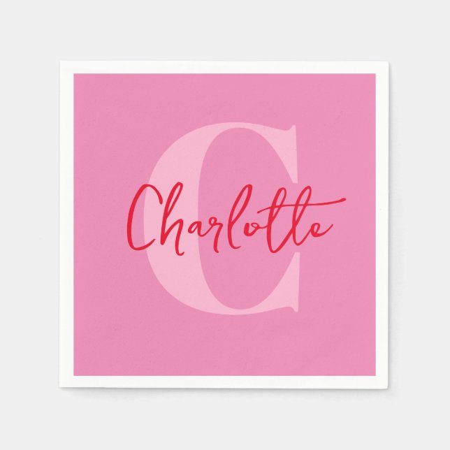 Handwritten Script Quirky Whimsy Monogrammed Pink Napkin (Front)