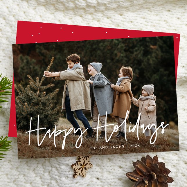 Handwritten Script Red Happy Holidays Photo Holiday Card (Creator Uploaded)