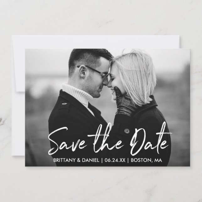 Handwritten Script Save the Date Black White Card (Front)