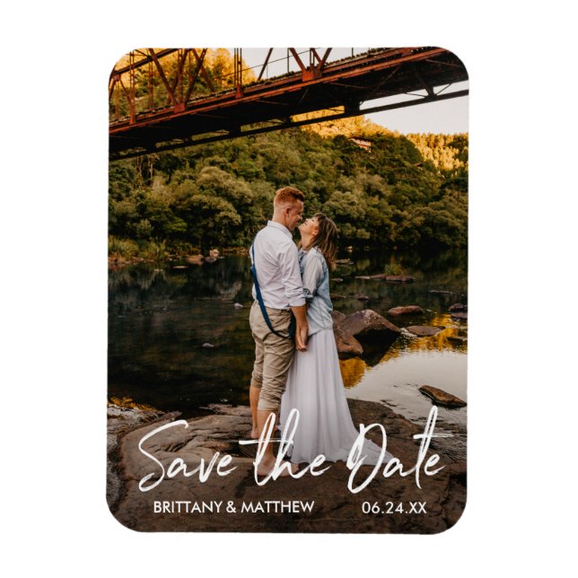 Handwritten Script Save the Date Couple Photo Magnet (Vertical)