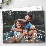 Handwritten Script Save The New Date Photo Postcard<br><div class="desc">Modern Handwritten Script Change The Date Wedding Postponed Save The New Date Announcement Couple Photo Postcard</div>