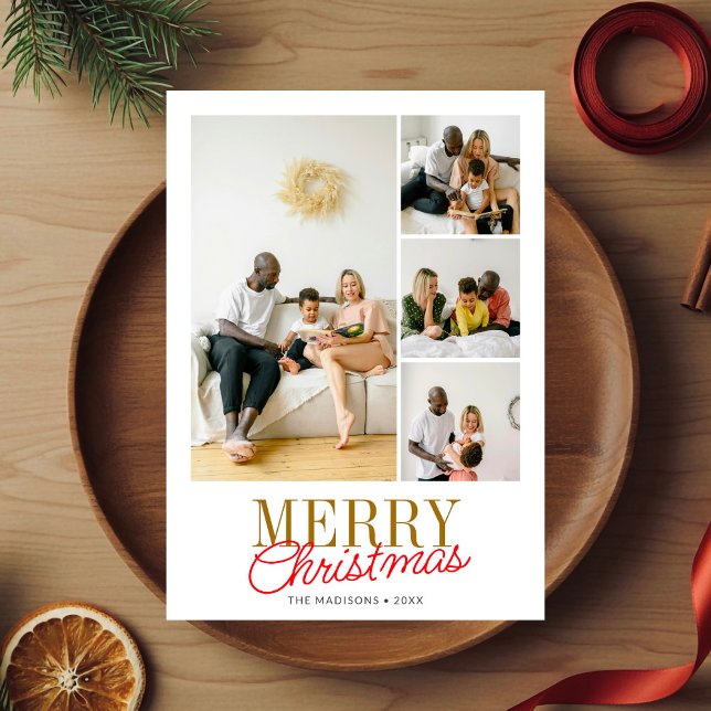 Handwritten Script Serif Merry Christmas 5 Photo Holiday Card (Creator Uploaded)