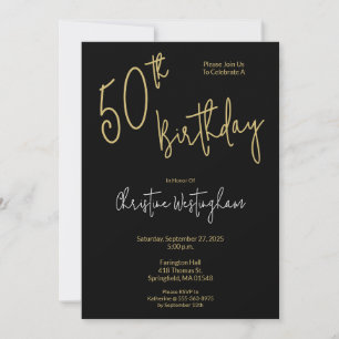 Handwritten Script Simple Black Gold 50th Birthday Invitation