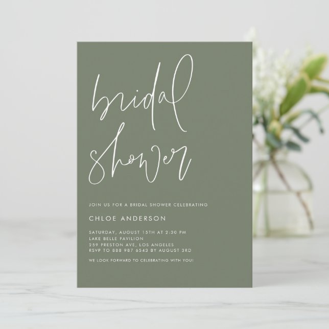 Handwritten Script Taupe Green Bridal Shower Invitation (Standing Front)