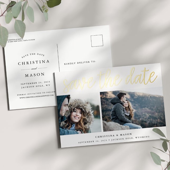 Handwritten Script Two Photo Save the Date Foil Invitation Postcard (Creator Uploaded)