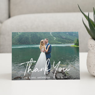 Handwritten Script Wedding Photo Note Thank You Card