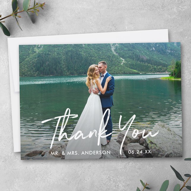 Handwritten Script Wedding Photo Thank You Card (Customize to add text or more photos to back of card.)