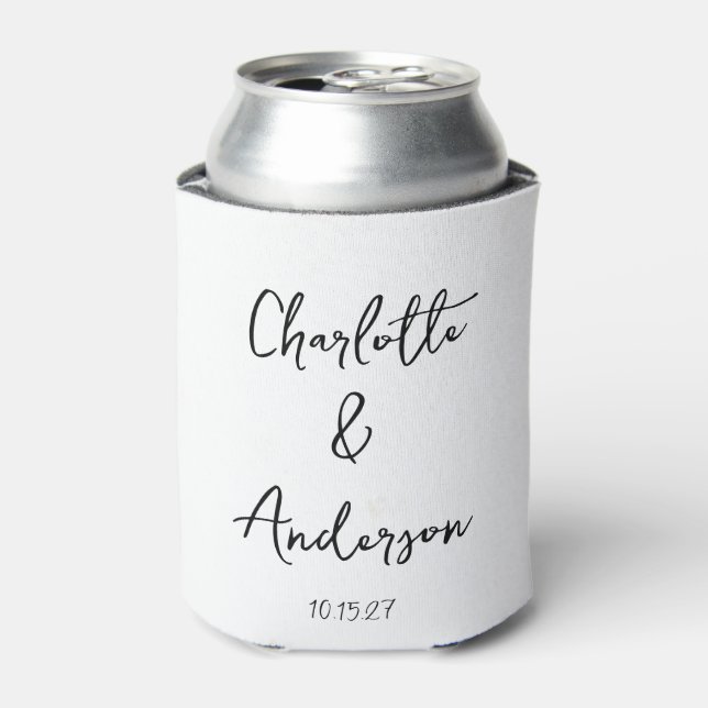 Handwritten Script Whimsical White Custom Wedding Can Cooler (Can Front)