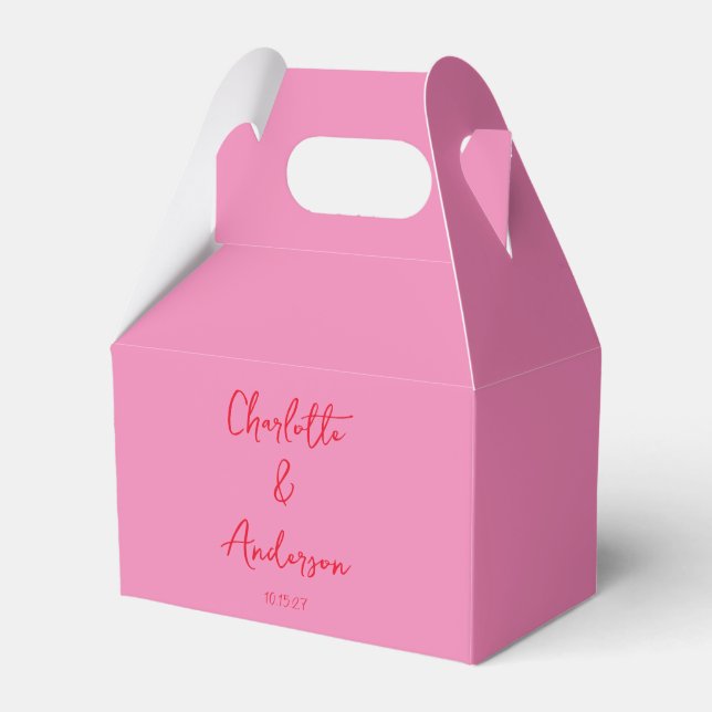 Handwritten Script Whimsy Pink Red Custom Wedding Favour Box (Front Side)