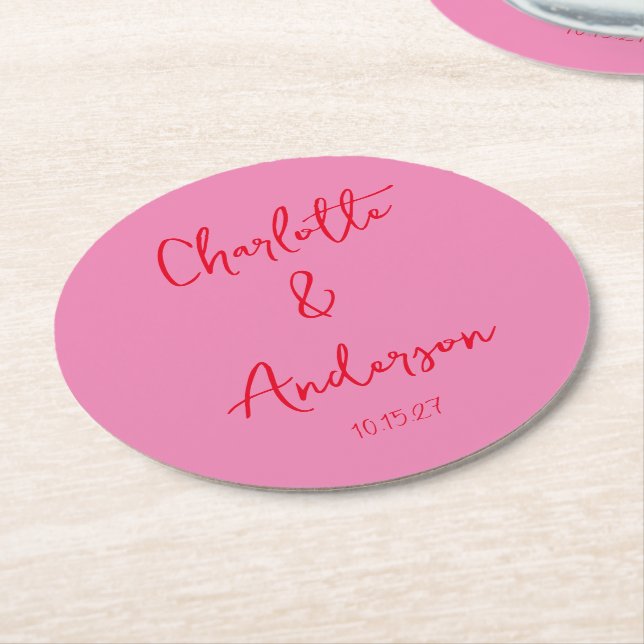 Handwritten Script Whimsy Pink Red Custom Wedding Round Paper Coaster (Angled)