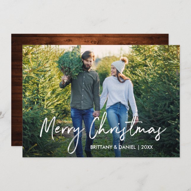 Handwritten Script Wood Merry Christmas Photo Holiday Card (Front/Back)