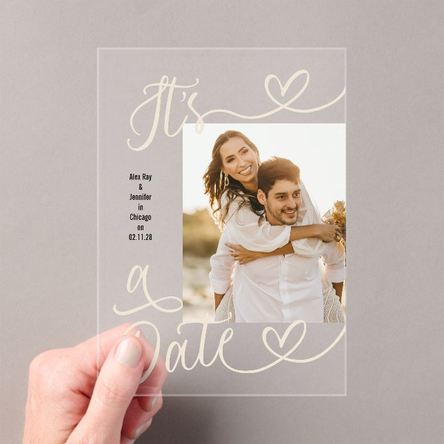 Handwritten Simple Heart It's A Date Photo Wedding Acrylic Invitations (Insitu (Handheld))