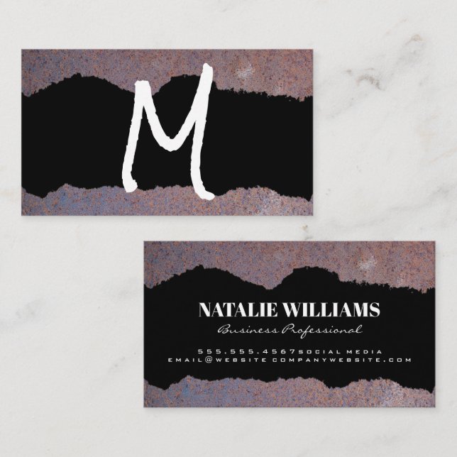 Handwritten Style Monogram | Metal Rust Torn Business Card (Front/Back)