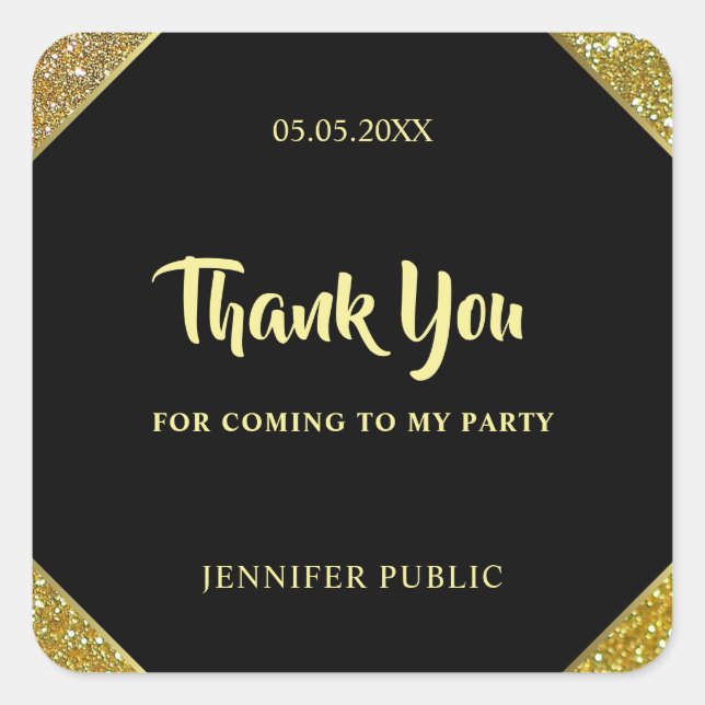Handwritten Thank You Script Gold Glitter Template Square Sticker (Front)