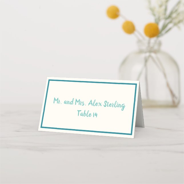 Handwritten Turquoise Blue Bold Border Wedding  Place Card (Front)