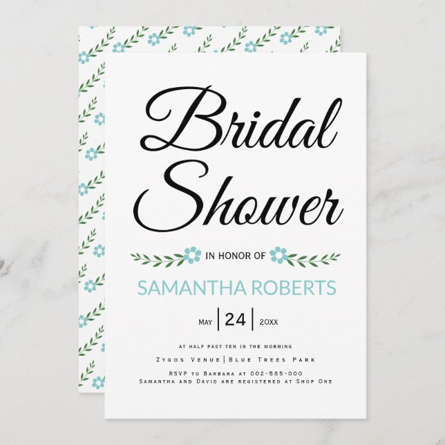 Handwritten typography aqua bridal shower wedding invitation (Front/Back)