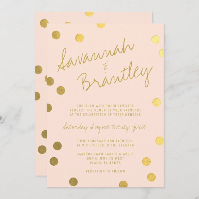 Handwritten Typography Gold Foil Confetti Wedding Invitation (Front/Back)