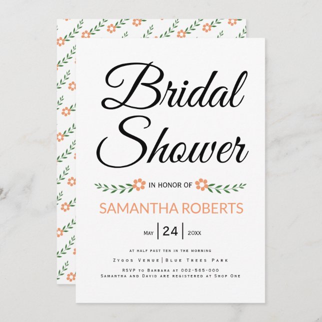 Handwritten typography peach bridal shower wedding invitation (Front/Back)