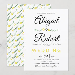 Handwritten typography yellow flowers wedding invitation