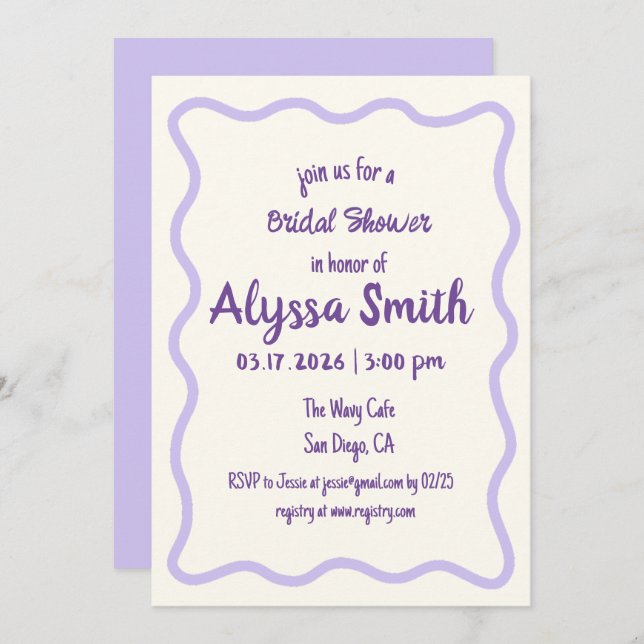 Handwritten Wavy Border Lavender Bridal Shower Invitation (Front/Back)