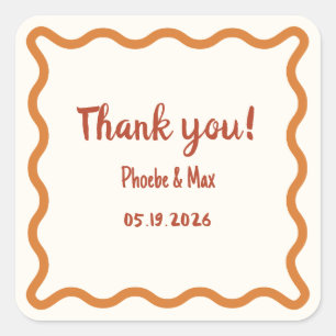 Handwritten Wavy Border Thank You 70s Wedding  Square Sticker