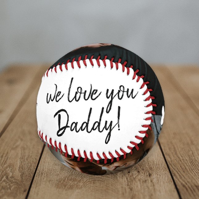 Handwritten We Love You Daddy 2 Photo Collage Baseball (Great gift for dad with black and white handwritten we love you daddy and 2 photo collage.)
