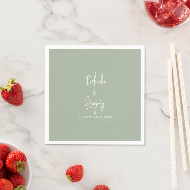 Handwritten Wedding Cocktail Napkins Text Green (Insitu)