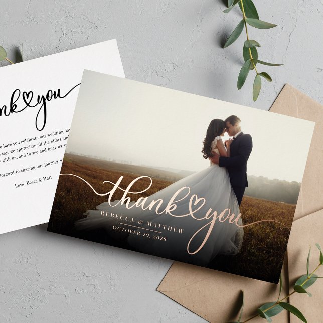 Handwritten Wedding Photo Thank You Rose Gold (Wedding Day Photo Rose Gold Foil Thank You Card)