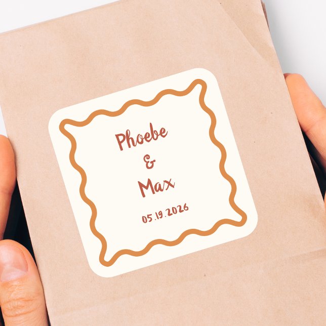 Handwritten Whimsical Wavy Border 70s Wedding  Square Sticker (Creator Uploaded)