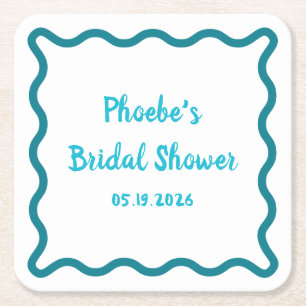 Handwritten Whimsical Wavy Border Bridal Shower Square Paper Coaster