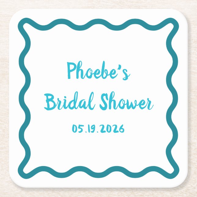 Handwritten Whimsical Wavy Border Bridal Shower Square Paper Coaster (Front)