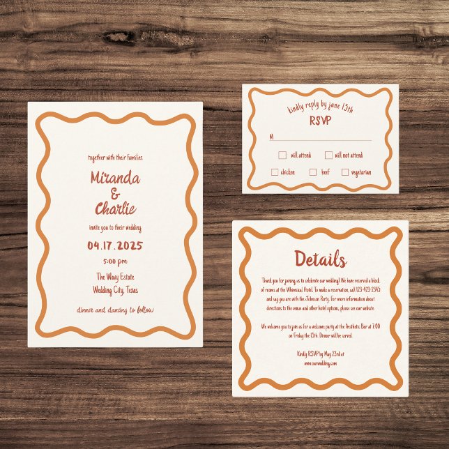 Handwritten Whimsical Wavy Border Fun 70s Wedding Invitation (Creator Uploaded)