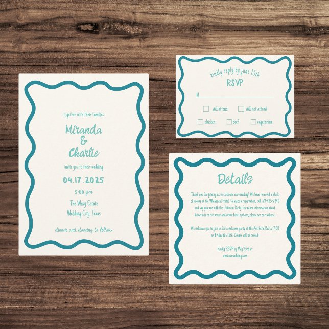 Handwritten Whimsical Wavy Border Fun Blue Wedding Invitation (Creator Uploaded)