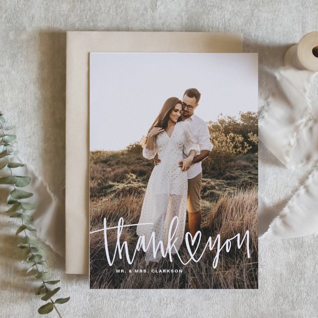 Handwritting with Heart Photo Wedding Thank You Holiday Postcard (Creator Uploaded)