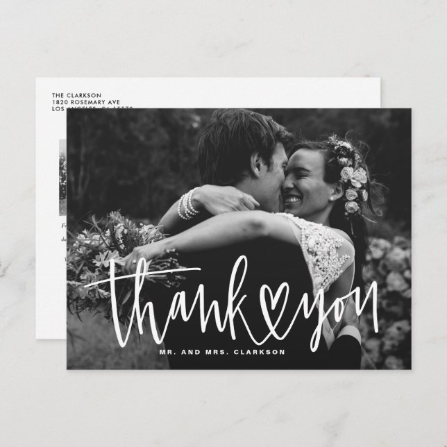 Handwritting with Heart Photo Wedding Thank You Holiday Postcard (Front/Back)