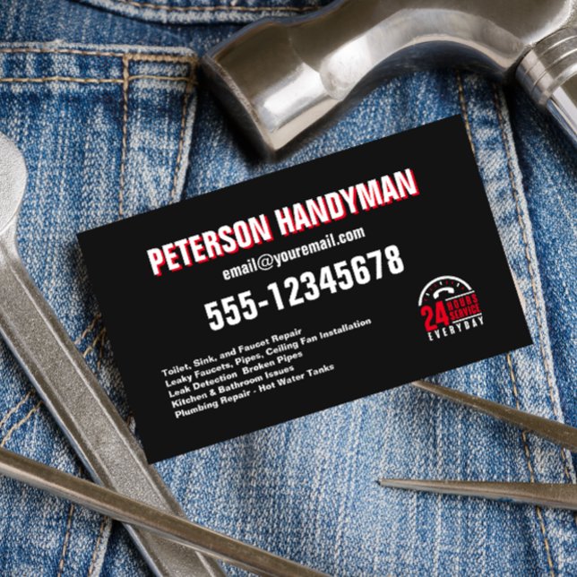 HANDYMAN 24 HOUR EMERGENCY BLACK RED BUSINESS CARD (Creator Uploaded)